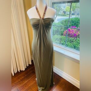 Cache summer dress. Lovely strap leather & gold detail. Size XS. Olive green.